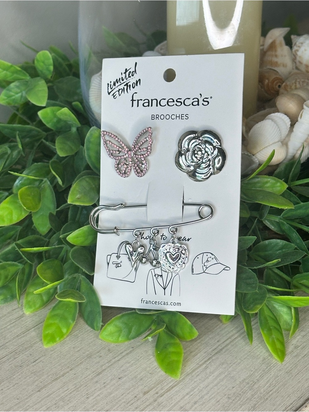 Francesca's Collections Pink Butterfly and Silver Rose Brooch Charm Pin Set